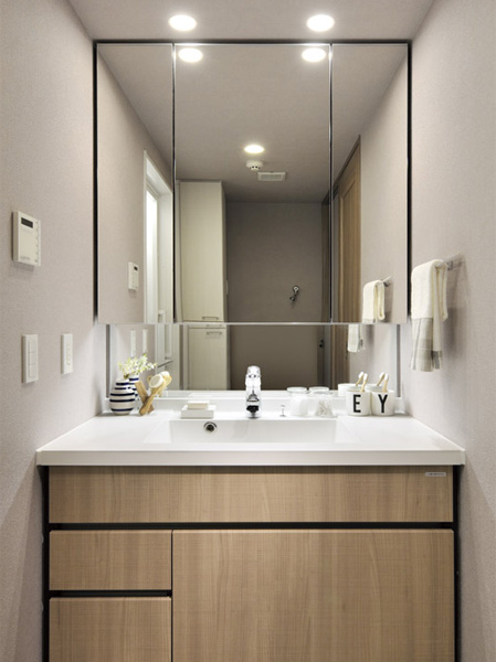 Bathing-wash room.  [Powder Room] Bowl-integrated counter Ya the top plate and the Square basin bowl has become integrally, The amount of water in a single lever ・ It is temperature control, Powder room that employs a single-lever faucet with even shampoo dresser function. (Model Room DOS type)