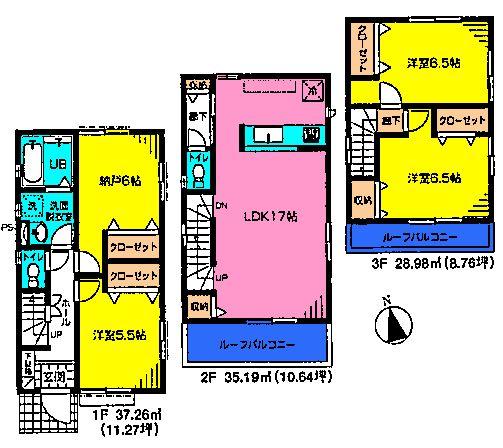 Floor plan. (Building 2), Price 29,800,000 yen, 4LDK, Land area 83.69 sq m , Building area 101.43 sq m