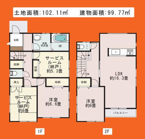 Floor plan. 34,800,000 yen, 2LDK+2S, Land area 102.11 sq m , Building area 99.77 sq m