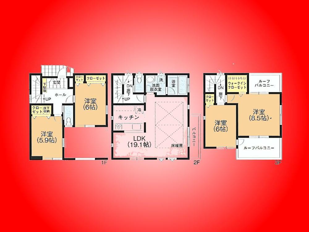 Floor plan. (1 Building), Price 53,800,000 yen, 4LDK, Land area 70.32 sq m , Building area 123.16 sq m