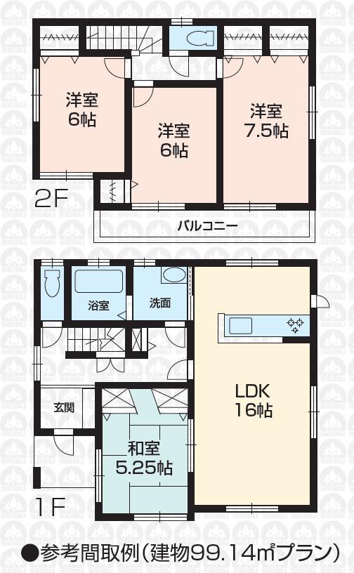 Building plan example (floor plan). Building plan example building price 14.1 million yen, Building area 99.14 sq m