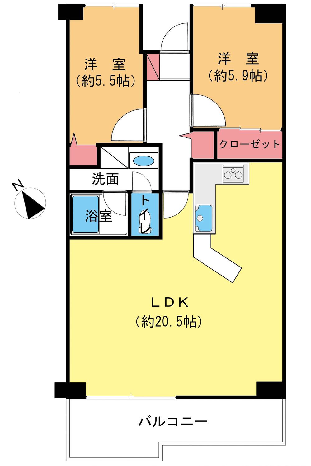 Floor plan. 2LDK, Price 8 million yen, Occupied area 69.63 sq m , Balcony area 7.95 sq m floor plan