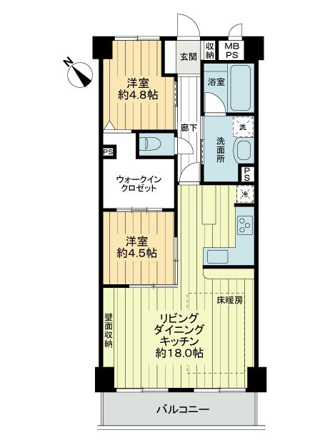 Floor plan. 2LDK, Price 9.8 million yen, Occupied area 65.88 sq m , Balcony area 7.56 sq m floor plan