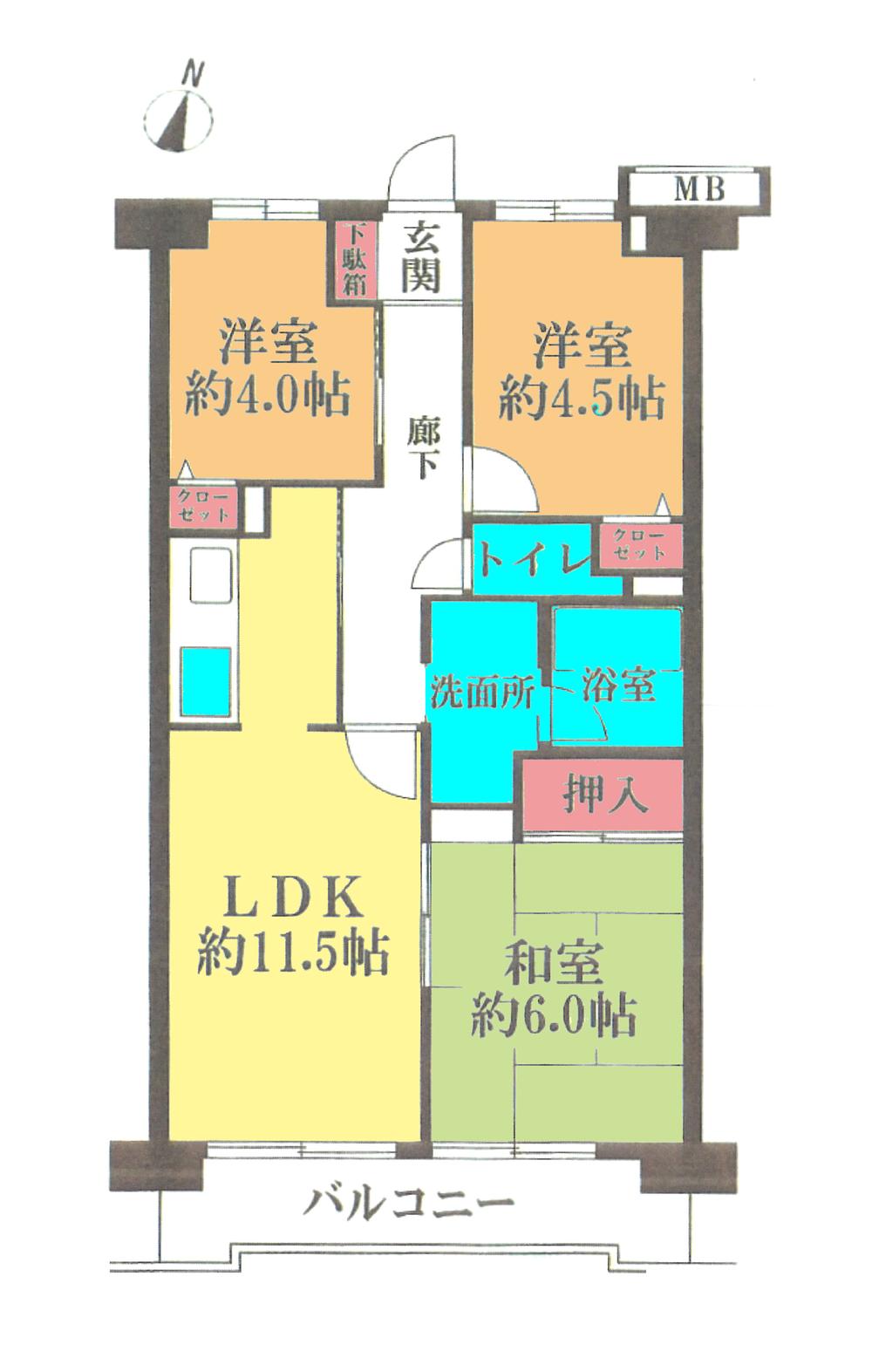 Floor plan. 3LDK, Price 13.8 million yen, Occupied area 59.16 sq m , Balcony area 7.01 sq m floor plan