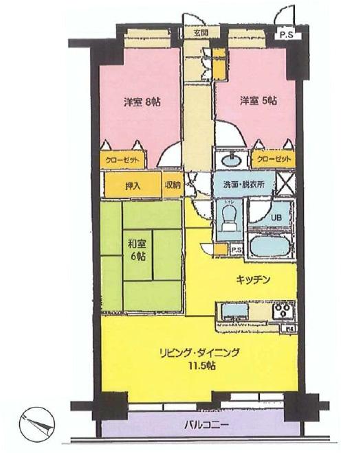 Floor plan. 3LDK, Price 12.3 million yen, Occupied area 65.72 sq m , Balcony area 7.66 sq m