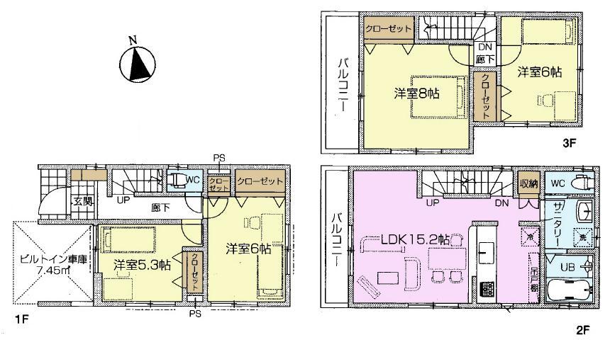 Floor plan. (3 Building), Price 36,800,000 yen, 4LDK, Land area 80.63 sq m , Building area 105.15 sq m