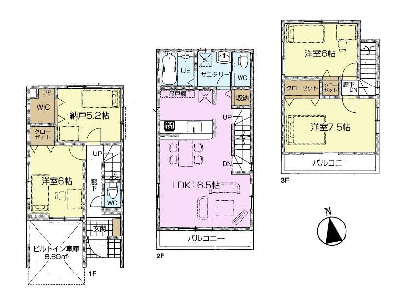 Floor plan. (5 Building), Price 39,800,000 yen, 3LDK+S, Land area 75.71 sq m , Building area 106.8 sq m