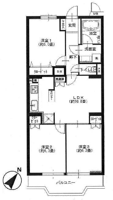 Floor plan. 3LDK, Price 19.9 million yen, Occupied area 63.24 sq m , Balcony area 6.39 sq m floor plan