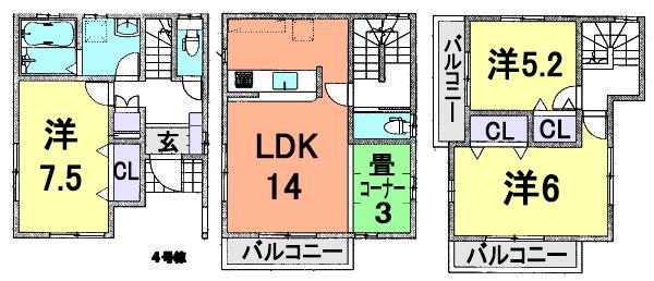 Floor plan. (4 Building), Price 40,800,000 yen, 3LDK, Land area 75.01 sq m , Building area 99.77 sq m