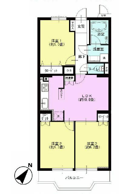 Floor plan. 3LDK, Price 19.9 million yen, Occupied area 63.24 sq m , Balcony area 6.39 sq m