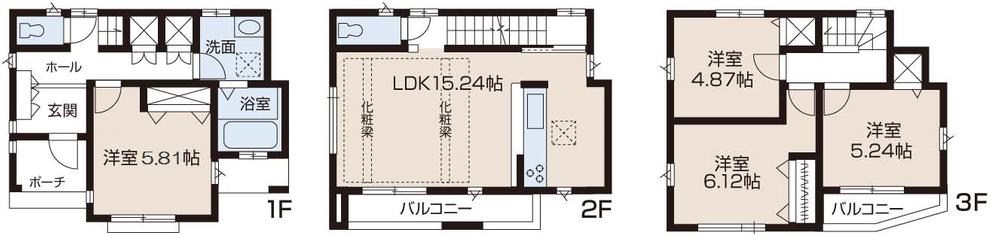Floor plan. (3 Building), Price 37,800,000 yen, 4LDK, Land area 82.27 sq m , Building area 92.58 sq m