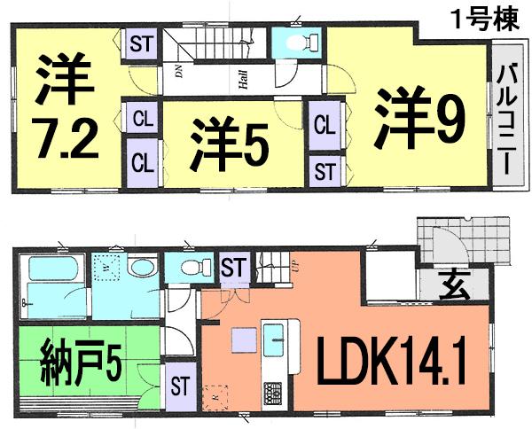 Floor plan. (1 Building), Price 39,800,000 yen, 3LDK+S, Land area 91.68 sq m , Building area 93.14 sq m