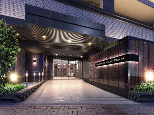 Shared facilities.  [Entrance to draw a graceful elegant in streets] Simple and elegant entrance to set up one step back from the street. Tile Ya who praised the deep luster, Green planting is, Decorate the approach to the private residence space. (Entrance Rendering)