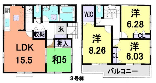 Floor plan. (3 Building), Price 27,800,000 yen, 4LDK, Land area 106.76 sq m , Building area 99.36 sq m