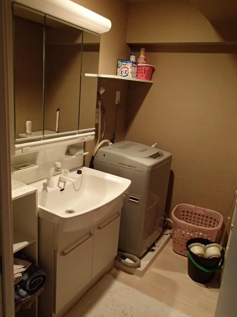 Wash basin, toilet. Wash basin is a three-sided mirror.