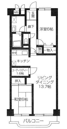 Floor plan. 2LDK, Price 14,490,000 yen, Occupied area 69.44 sq m , Balcony area 6.4 sq m