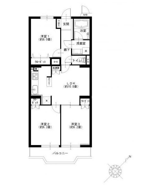 Floor plan. 3LDK, Price 19.9 million yen, Occupied area 63.24 sq m , Balcony area 6.39 sq m