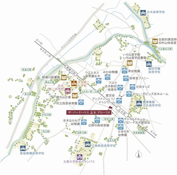 Area conceptual diagram Including Keio Shiki Senior High School (about 610m), Dotted with many schools