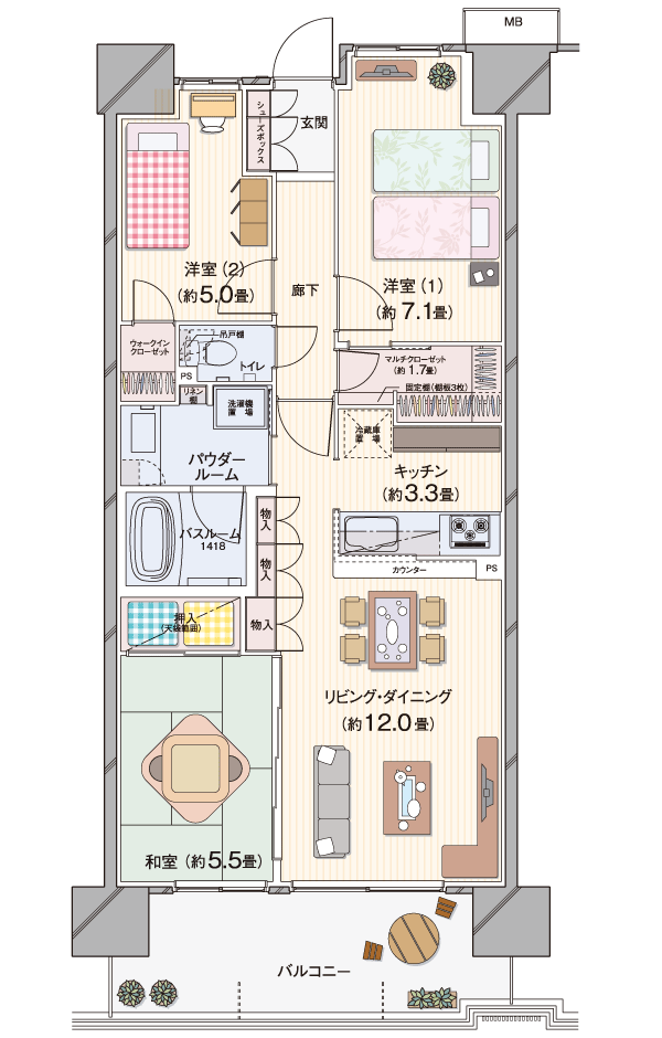  ■ 73G type ・ 3LDK / 4th secondary footprint / 73.86 sq m balcony area / 12 sq m (2 ・ 3rd floor) balcony area / 11.88 sq m (4 ~ 11th floor)