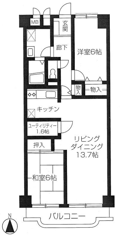 Floor plan. 2LDK, Price 14,490,000 yen, Occupied area 69.44 sq m , Between the balcony area 6.4 sq m floor plan