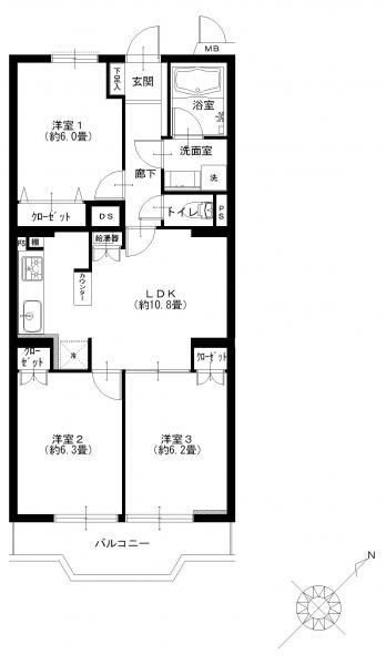 Floor plan. 3LDK, Price 19.9 million yen, Occupied area 63.24 sq m , Balcony area 6.39 sq m