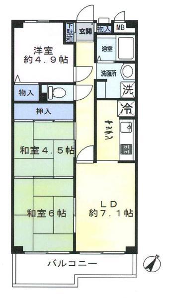 Floor plan. 3LDK, Price 8.8 million yen, Footprint 60.5 sq m , Balcony area 7.45 sq m