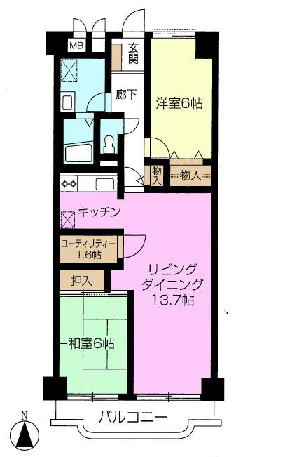 Floor plan. 2LDK, Price 14.8 million yen, Occupied area 69.44 sq m , Balcony area 6.4 sq m