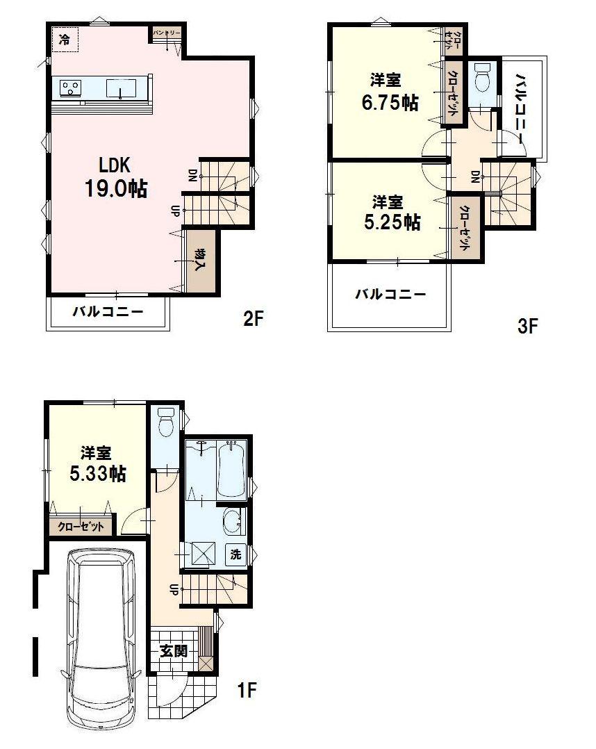 Building plan example (floor plan). Building plan example (A No. Ward) 3LDK, Land price 19.3 million yen, Land area 63.5 sq m , Building price 15.5 million yen, Building area 100.84 sq m