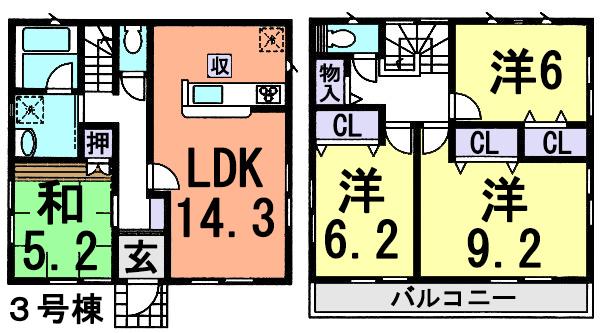 Floor plan. (3 Building), Price 19,800,000 yen, 4LDK, Land area 112.62 sq m , Building area 96.79 sq m