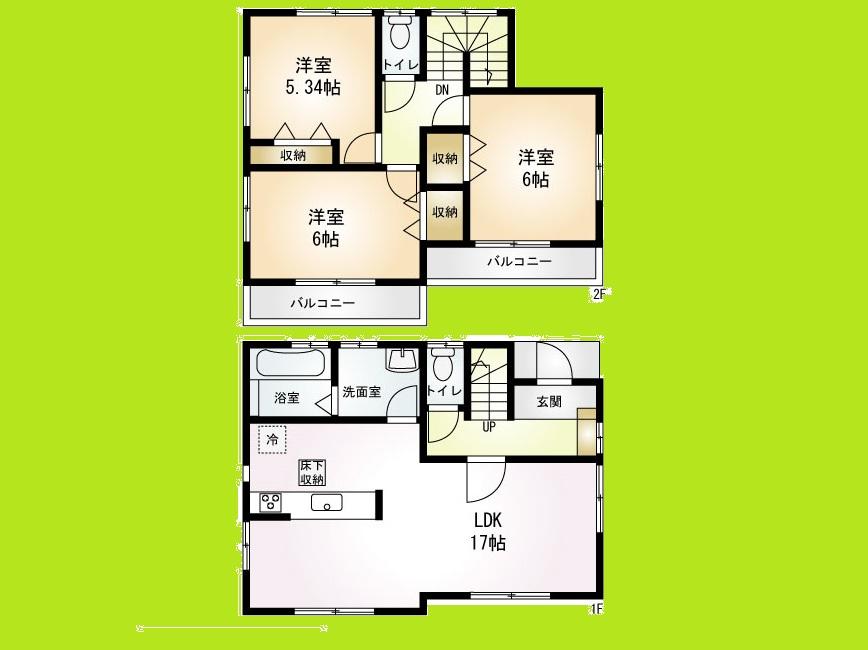 Floor plan. 22,800,000 yen, 3LDK, Land area 94.97 sq m , Day building area 82.8 sq m per day boast of a good location a corner lot and neighboring land in the parking lot good popular counter kitchen, Spacious 17 Pledge facing south is attractive on the same day of your tour Allowed newly built My home is 24,800,000 yen attractive