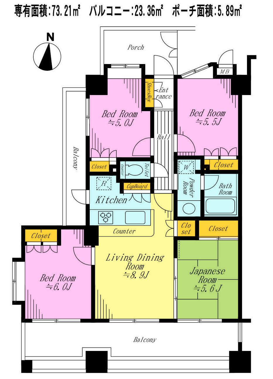 Floor plan. 4LDK, Price 19,980,000 yen, Occupied area 73.21 sq m , Balcony area 23.36 sq m