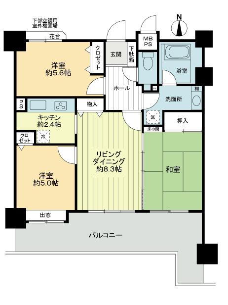 Floor plan. 3LDK, Price 22,800,000 yen, Occupied area 63.48 sq m , Balcony area 16.9 sq m