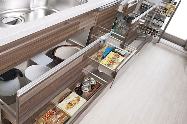  [Slide storage] Colorful, comfortable accommodated, Important point of the kitchen of usability. Adopted also put away easily taken out easily slide housed thing back