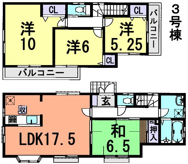 Floor plan. (3 Building), Price 34,800,000 yen, 4LDK, Land area 140.1 sq m , Building area 102.67 sq m
