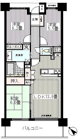 Floor plan. 3LDK, Price 21,800,000 yen, Occupied area 70.48 sq m , Balcony area 12.2 sq m