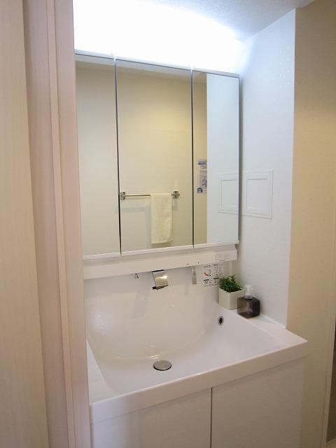 Wash basin, toilet. Three-sided mirror with vanity
