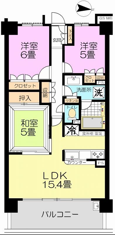 Floor plan. 3LDK, Price 19,800,000 yen, Occupied area 70.56 sq m , Balcony area 12.6 sq m all convenient with storage space in the living room!