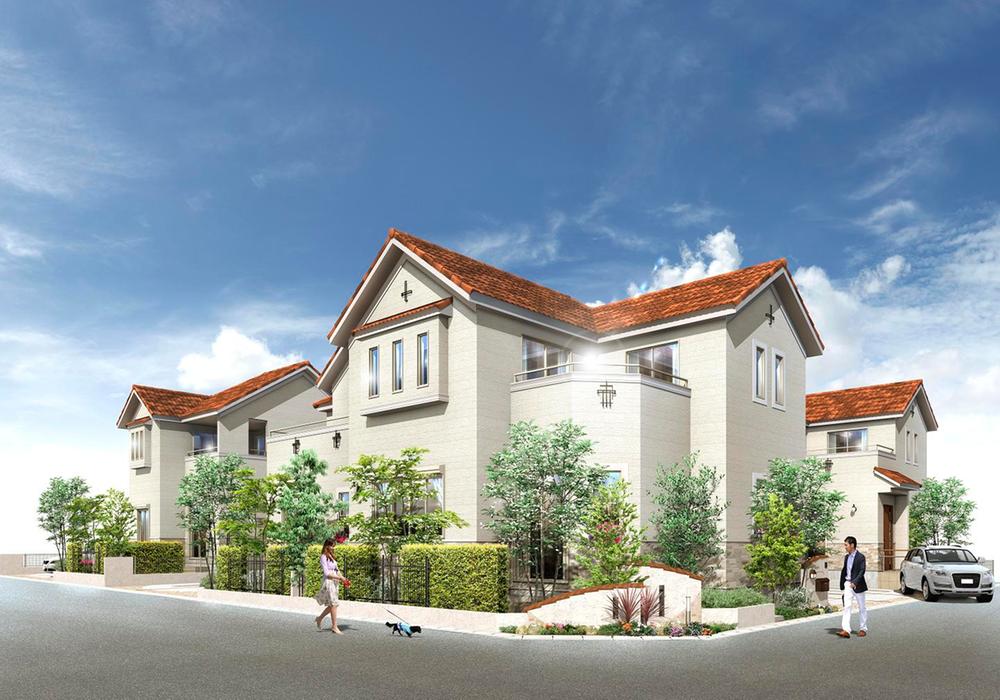 Rendering (appearance). Rendering white walls and contrast of orange roof, Adorned with colorful landscape of the city