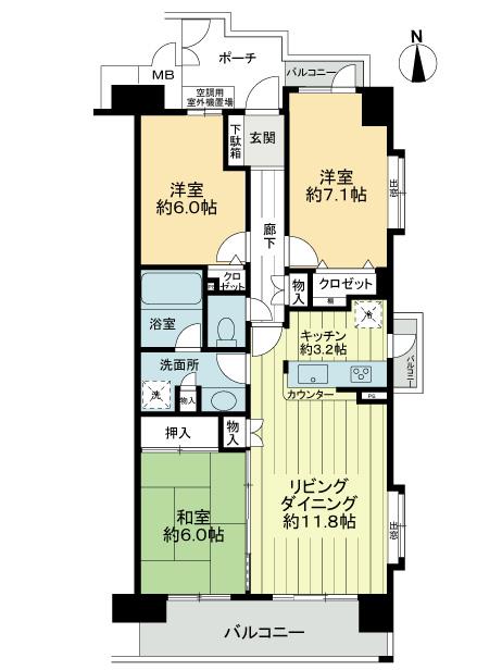 Floor plan. 3LDK, Price 23.8 million yen, Occupied area 75.56 sq m , Balcony area 12.22 sq m floor plan
