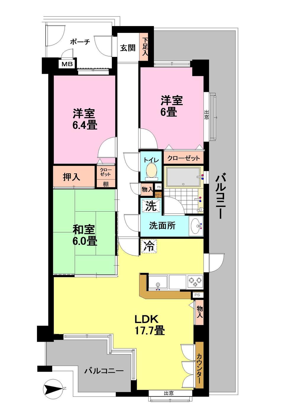 Floor plan. 3LDK, Price 26 million yen, Occupied area 80.44 sq m , Balcony area 27.25 sq m