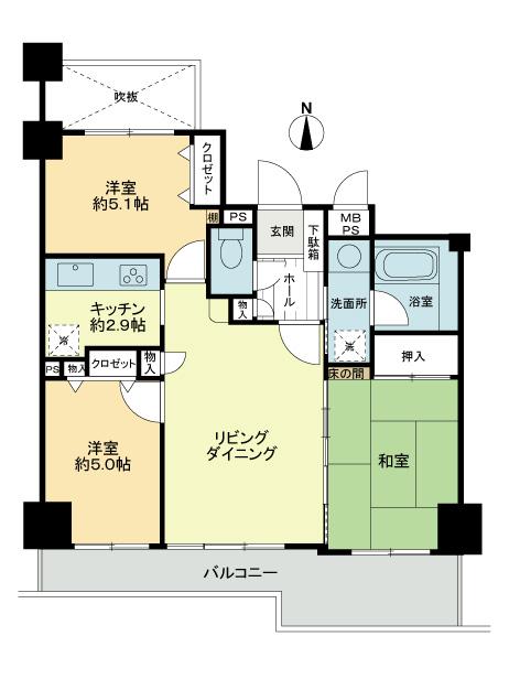 Floor plan. 3LDK, Price 22,800,000 yen, Occupied area 62.37 sq m , Balcony area 10.52 sq m
