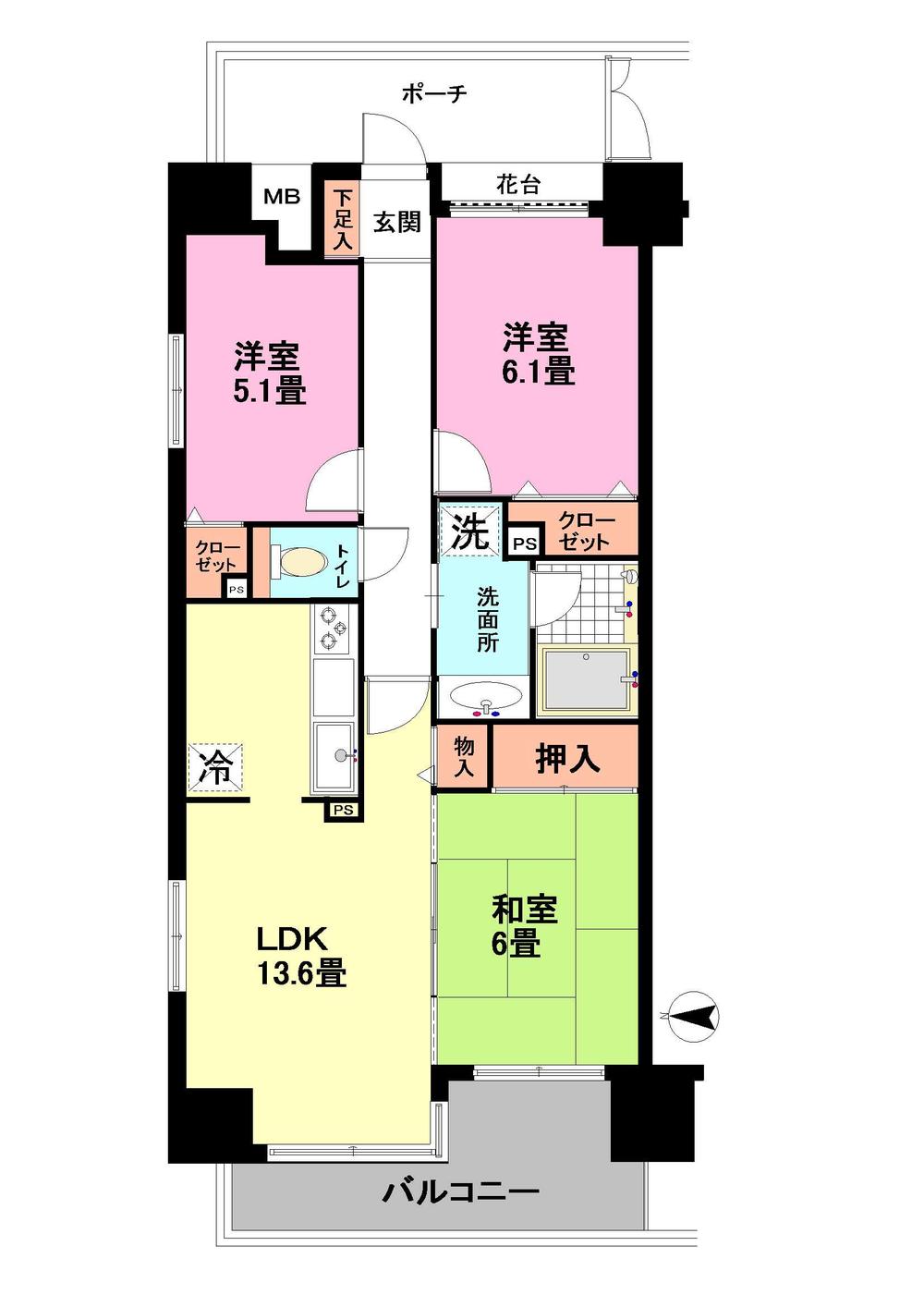 Floor plan. 3LDK, Price 25,900,000 yen, Occupied area 68.87 sq m , Balcony area 8.1 sq m angle dwelling unit With a private porch: 1.32 sq m