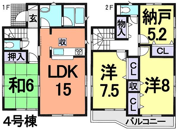 Floor plan. (4 Building), Price 28.8 million yen, 3LDK+S, Land area 100.1 sq m , Building area 98.01 sq m