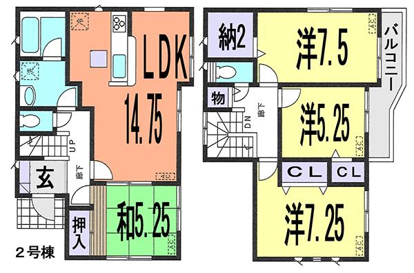 Floor plan. 27,800,000 yen, 4LDK + S (storeroom), Land area 129.58 sq m , Building area 96.38 sq m (2 Building) Zenshitsuminami facing bright dwelling