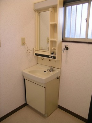 Washroom. Storage rack is convenient vanity