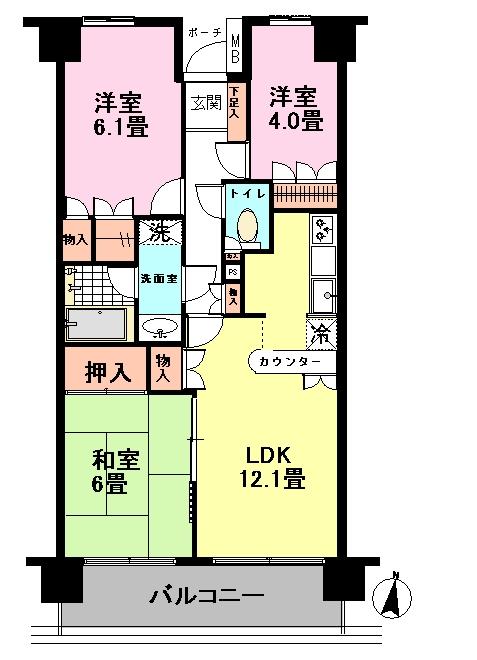 Floor plan. 3LDK, Price 14.8 million yen, Occupied area 64.67 sq m , Balcony area 9.36 sq m