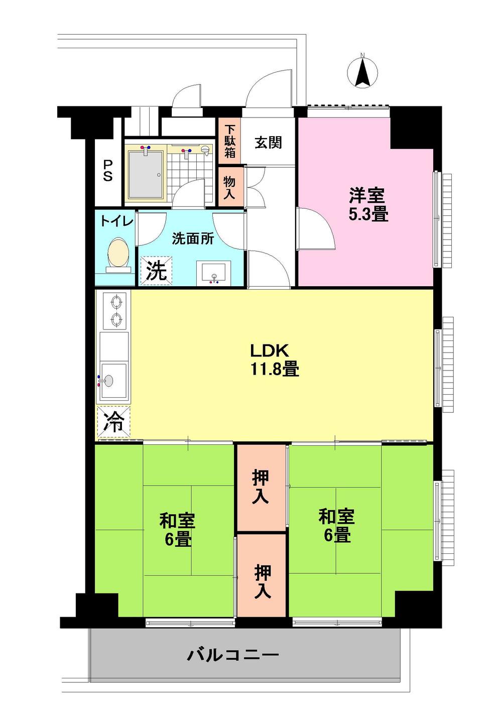 Floor plan. 3LDK, Price 10.8 million yen, Footprint 65 sq m , Balcony area 7.08 sq m
