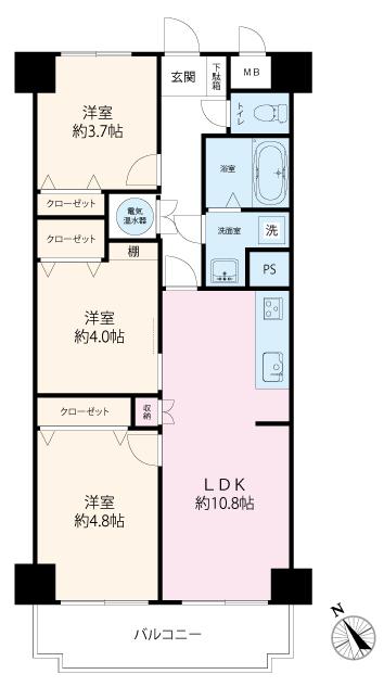 Floor plan. 3LDK, Price 14.8 million yen, Footprint 62.1 sq m , Balcony area 7.8 sq m 3LDK62.1 square meters