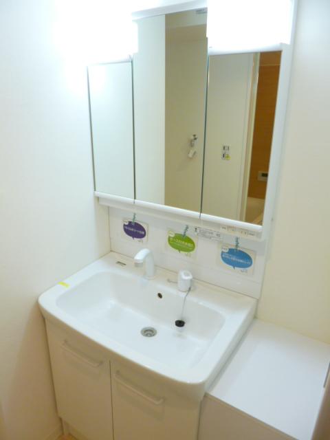 Wash basin, toilet. Bathroom Vanity. Wealth is housed in a three-sided mirror.