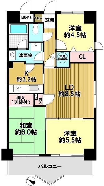 Floor plan. 3DK, Price 16,900,000 yen, Footprint 61.5 sq m , Balcony area 8.95 sq m southwest angle room ・ Station 3-minute walk ・ The room is beautiful